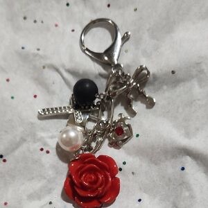 Red Rose Charm Key Chain Or Bag Charm- Silver Tone.